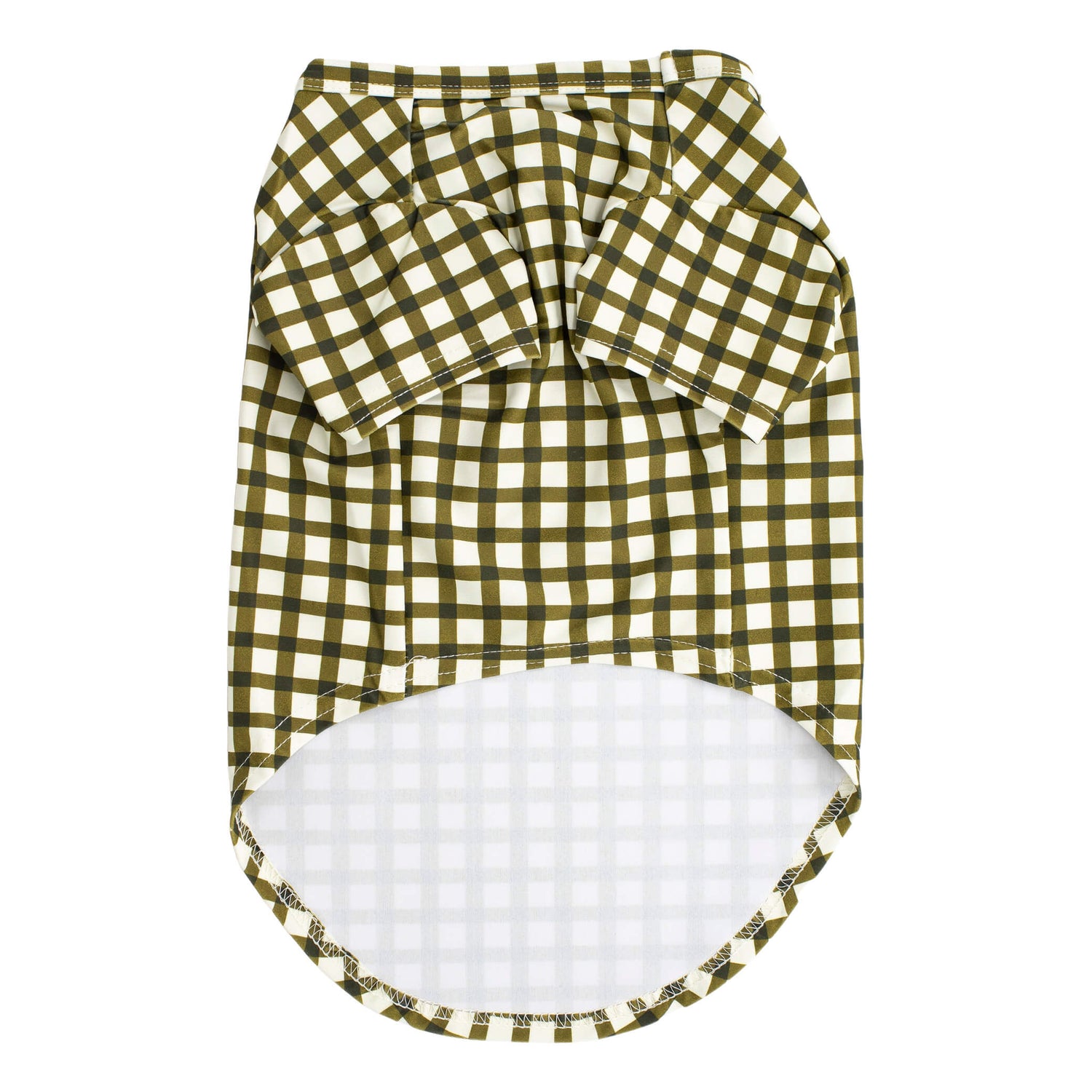 Front flat lay of Vibrant Hounds green checkered rash shirt for dogs. It is UPF 50 and made out of recycled material.
