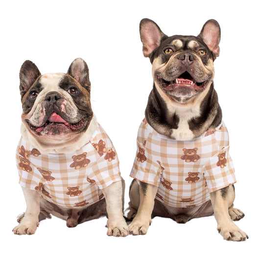 Two French Bulldogs sitting while wearing Vibrant Hounds Teddy Bear clothing for dogs. It is a Brown GIngham print with Teddy Bears printed on it.