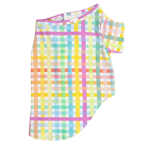 Vibrant Hound's Color Me Gingham Shirt for Dogs - Rainbow-Colored Side Flat Lay, Fashionable and Fun!