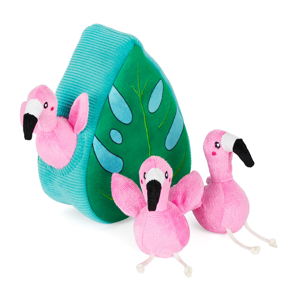 ZippyPaws Burrow flamingos in monstera leaf interactive hide and seek plush dog toy – another view
