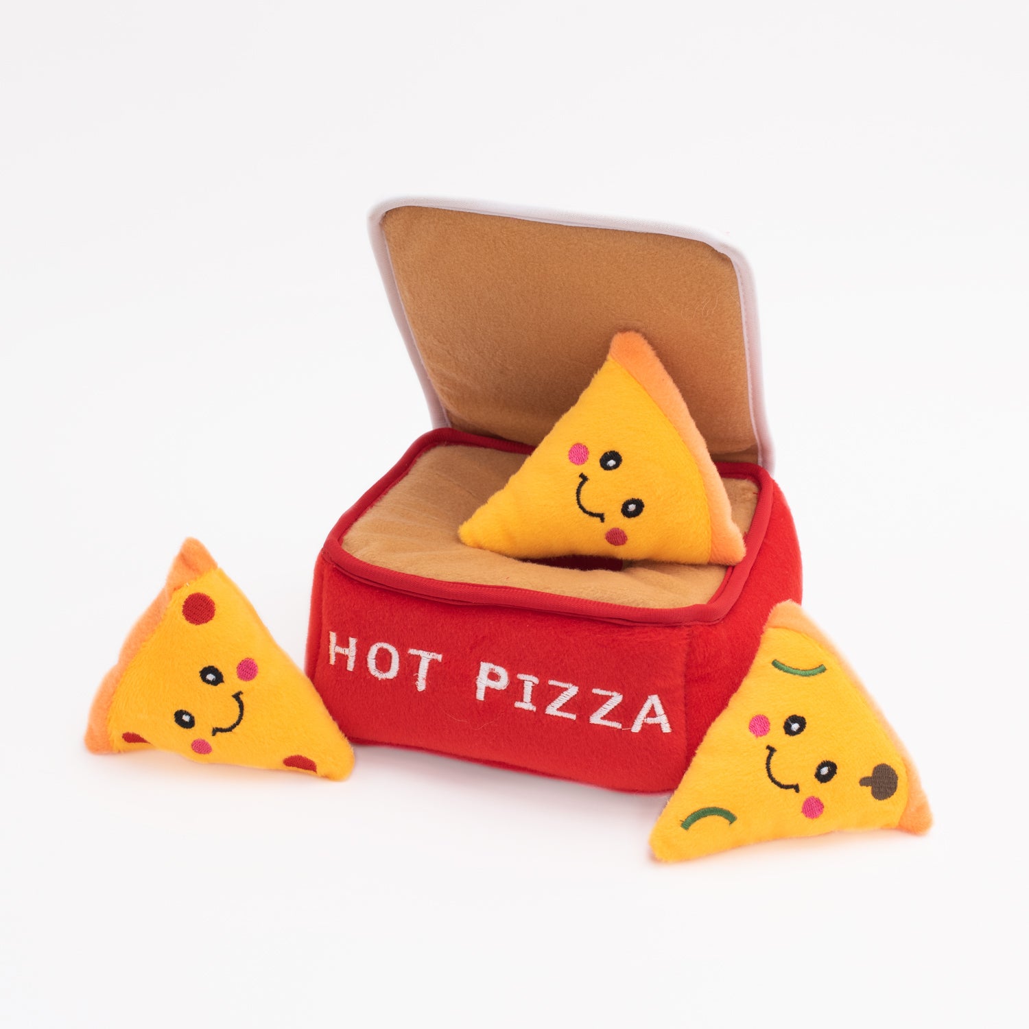 ZippyPaws pizza box burrow interactive dog toy with squeaky plush pizza slices – another view