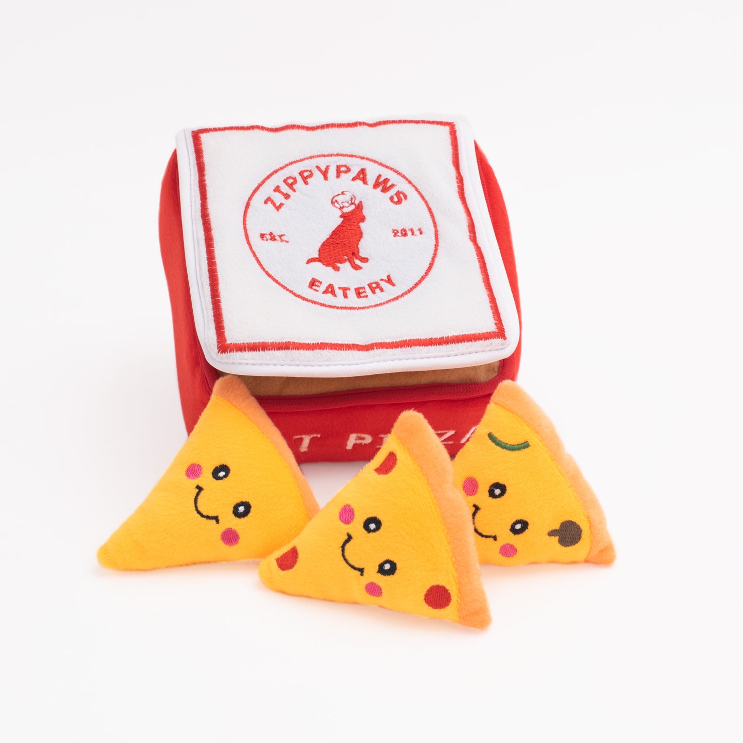 ZippyPaws pizza box burrow interactive dog toy with squeaky plush pizza slices – another view