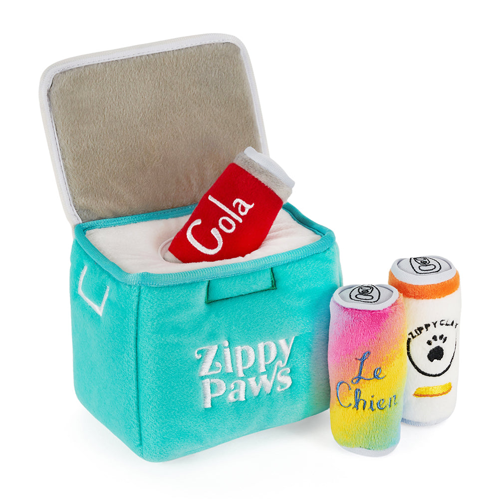 ZippyPaws Zippy Burrow esky interactive dog toy with 3 squeaky plush beers – another view