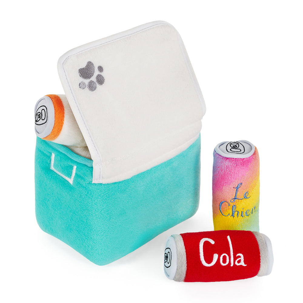 ZippyPaws Zippy Burrow esky interactive dog toy with 3 squeaky plush beers – another view