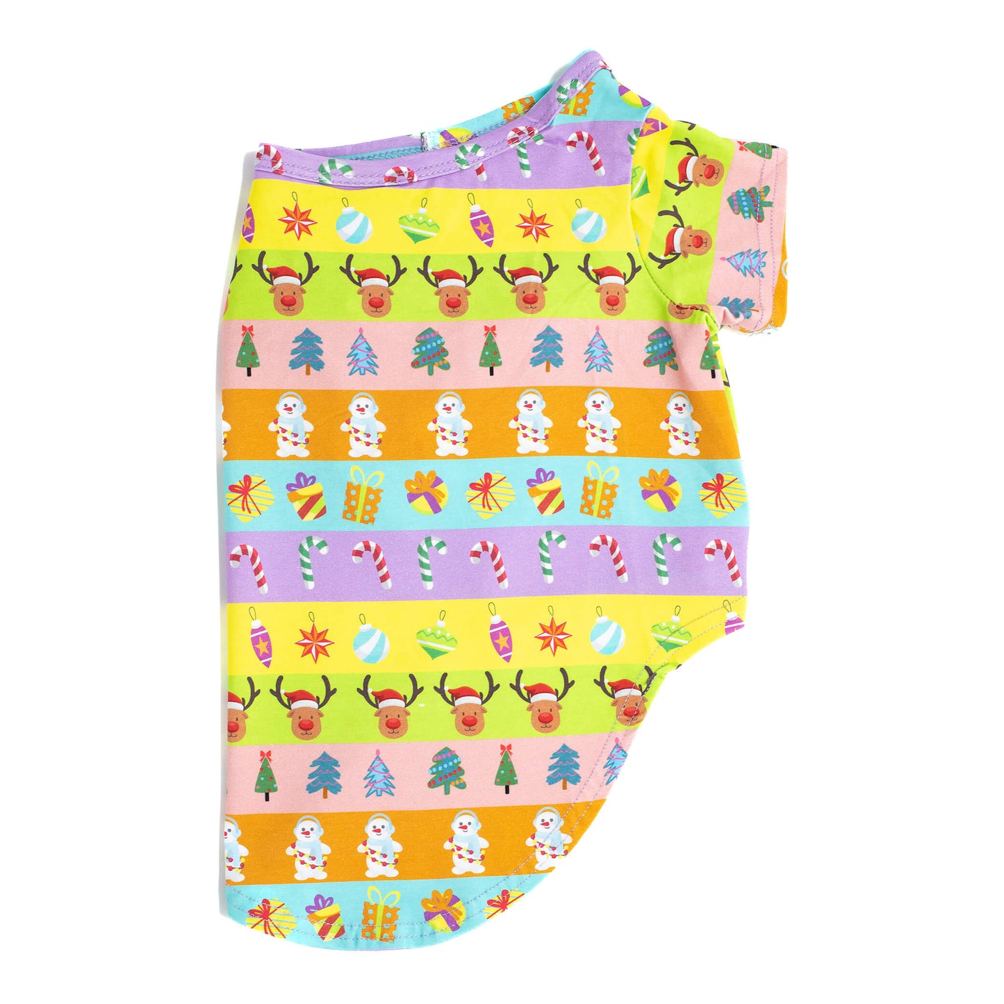 Side profile flat lay of VIbrant Hound's Electric Energy shirt for dogs. It is green, orange, pink, and purple stripes with reindeer, christmas trees, snowmen and christmas decorations printed on it.