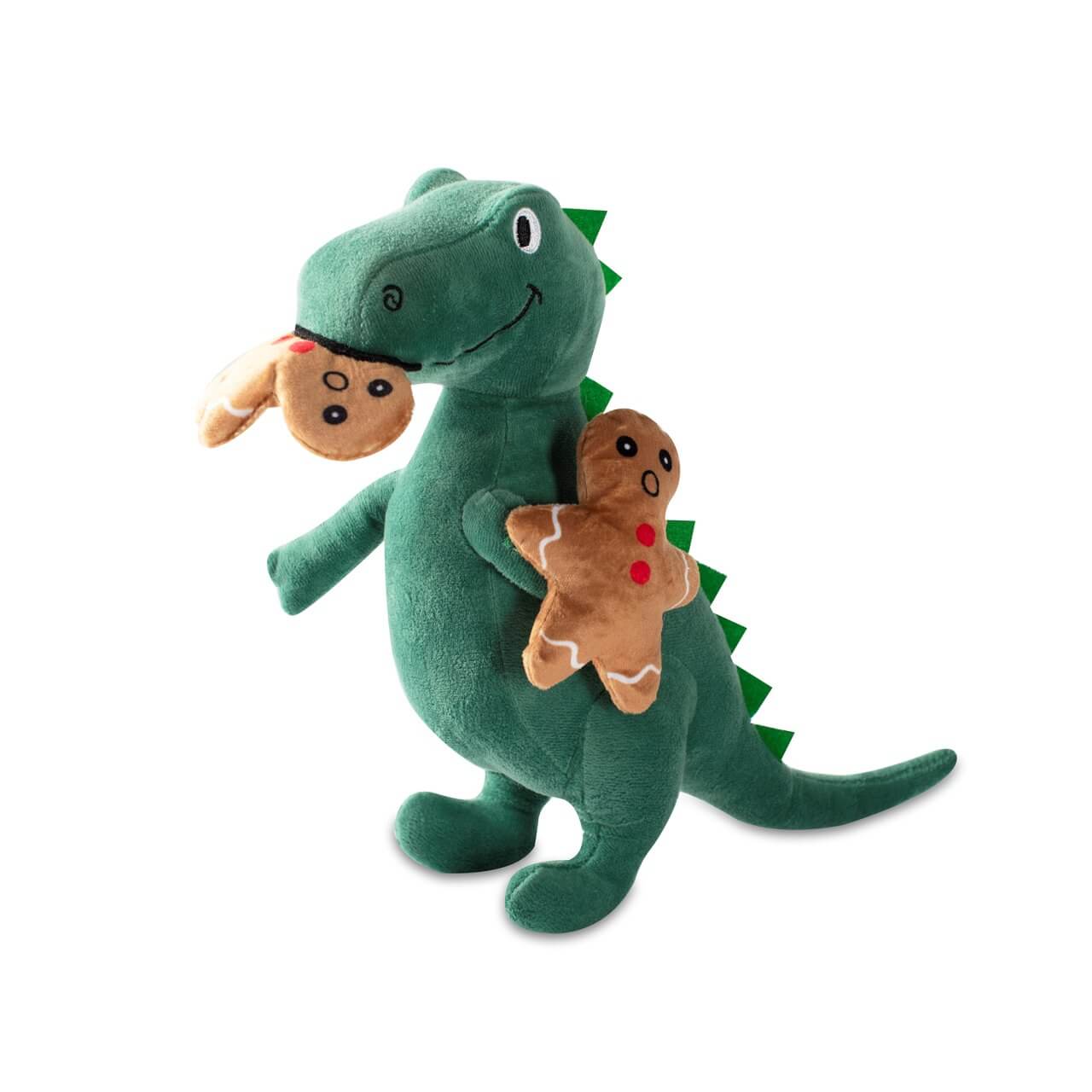Side diagram of Fringe Studio's Christmas oh snap! T-rex and cookies plush squeaker dog toy.