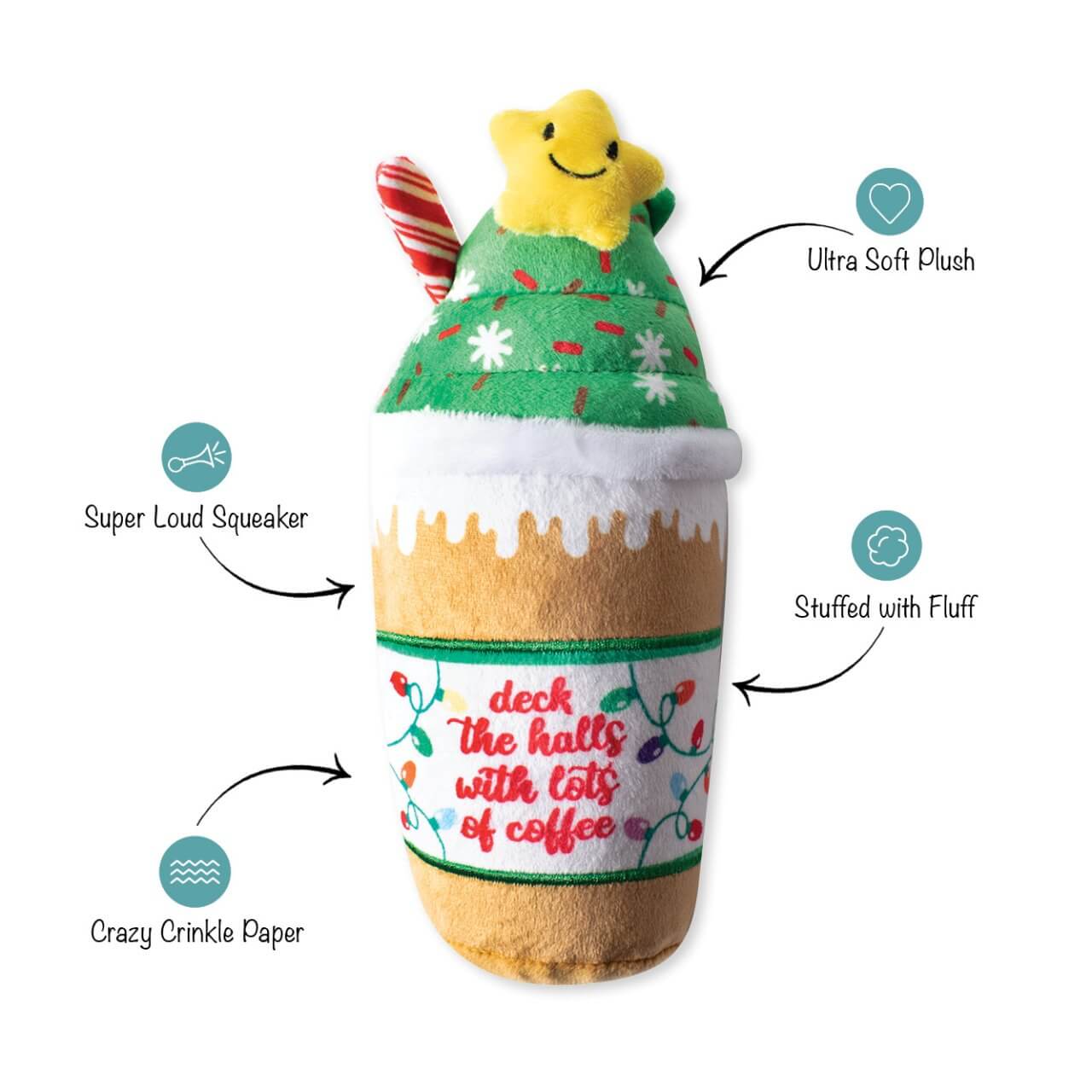 Fringe Studio Deck the Halls Christmas dog toy diagram. Its a coffee with a green star and christmas snow flakes.