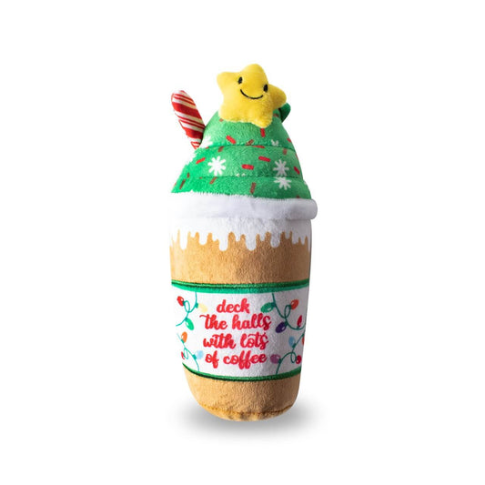 Fringe Studio Deck the Halls Christmas dog toy. Its a coffee with a green star and christmas snow flakes.