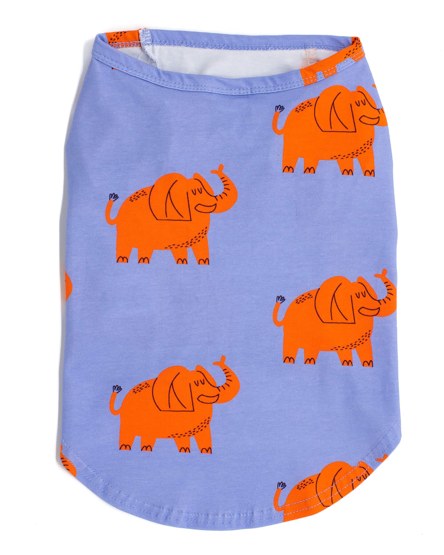 Back of Vibrant Hound Electric Elephant Dog shirt. It is a purple shirt with orange elephants printed on it. 
