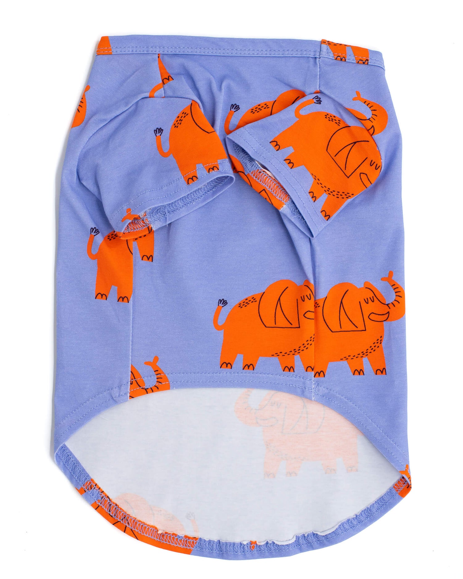 Front view of Vibrant Hound Dog shirt. It has purple clothes and orange elephants printed on it.