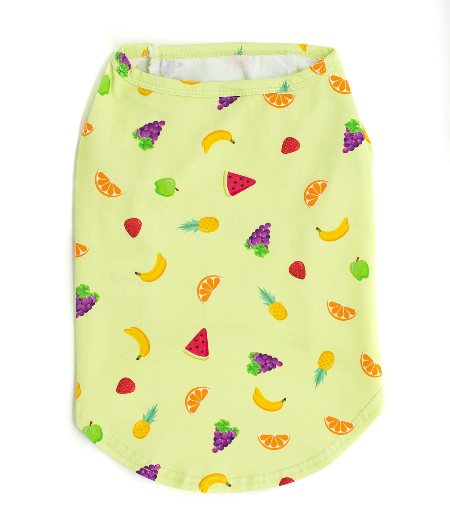 Back of Feelin Fruity dog shirt. It is lime green covered in multiple tropical fruits.