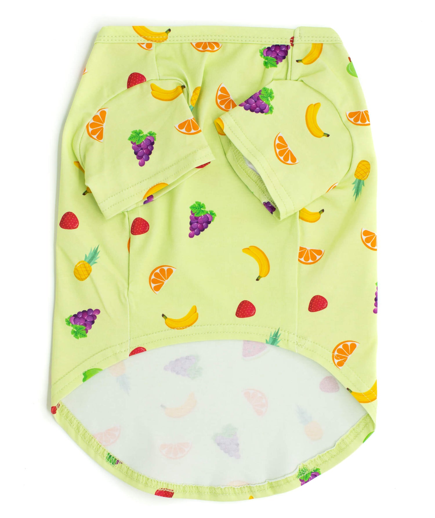 Front of Feelin' Fruity dog t-shirt. It is lime green with bananas, grapes, oranges, and pineapple printed on it.