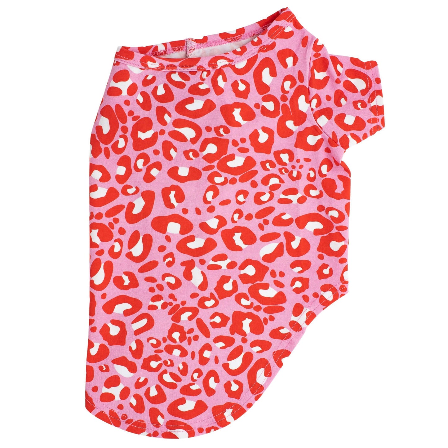 Side flat lay of Vibrant Hounds Fierce in Pink dog pyjamas. The shirt is a pink and red leopard print.