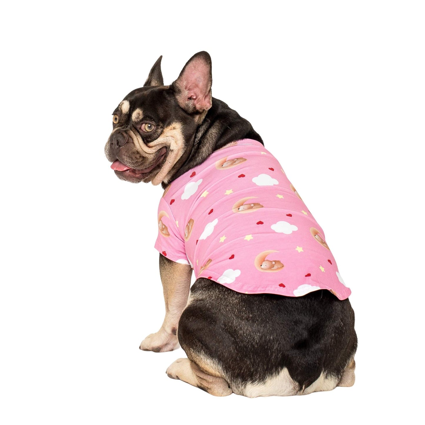 A close up photo of a French Bulldogs back wearing Lil Dreamer dog pyjamas.