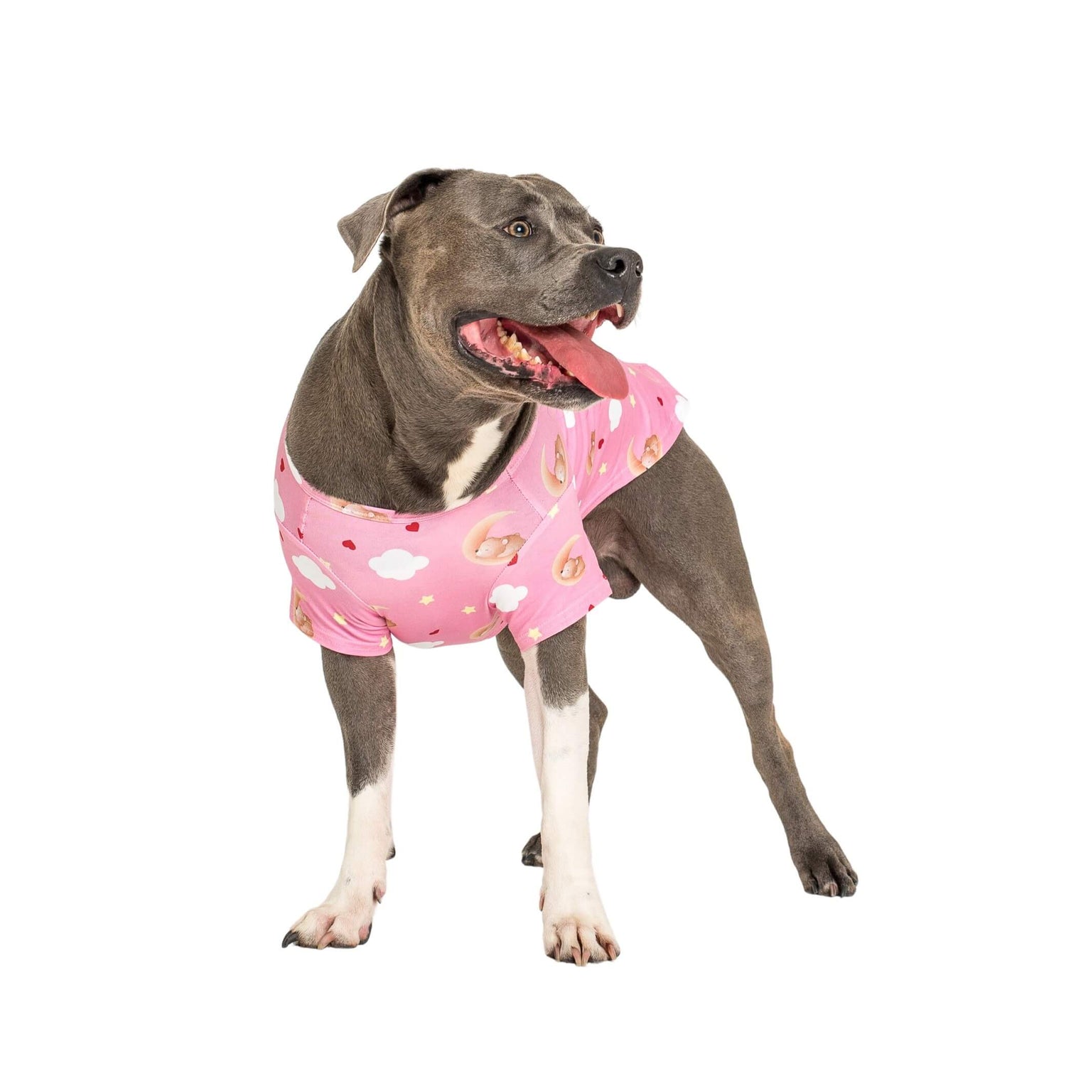 An American staffy standing side on wearing a Vibrant Hound Lil dreamer pink pyjamas for dogs.