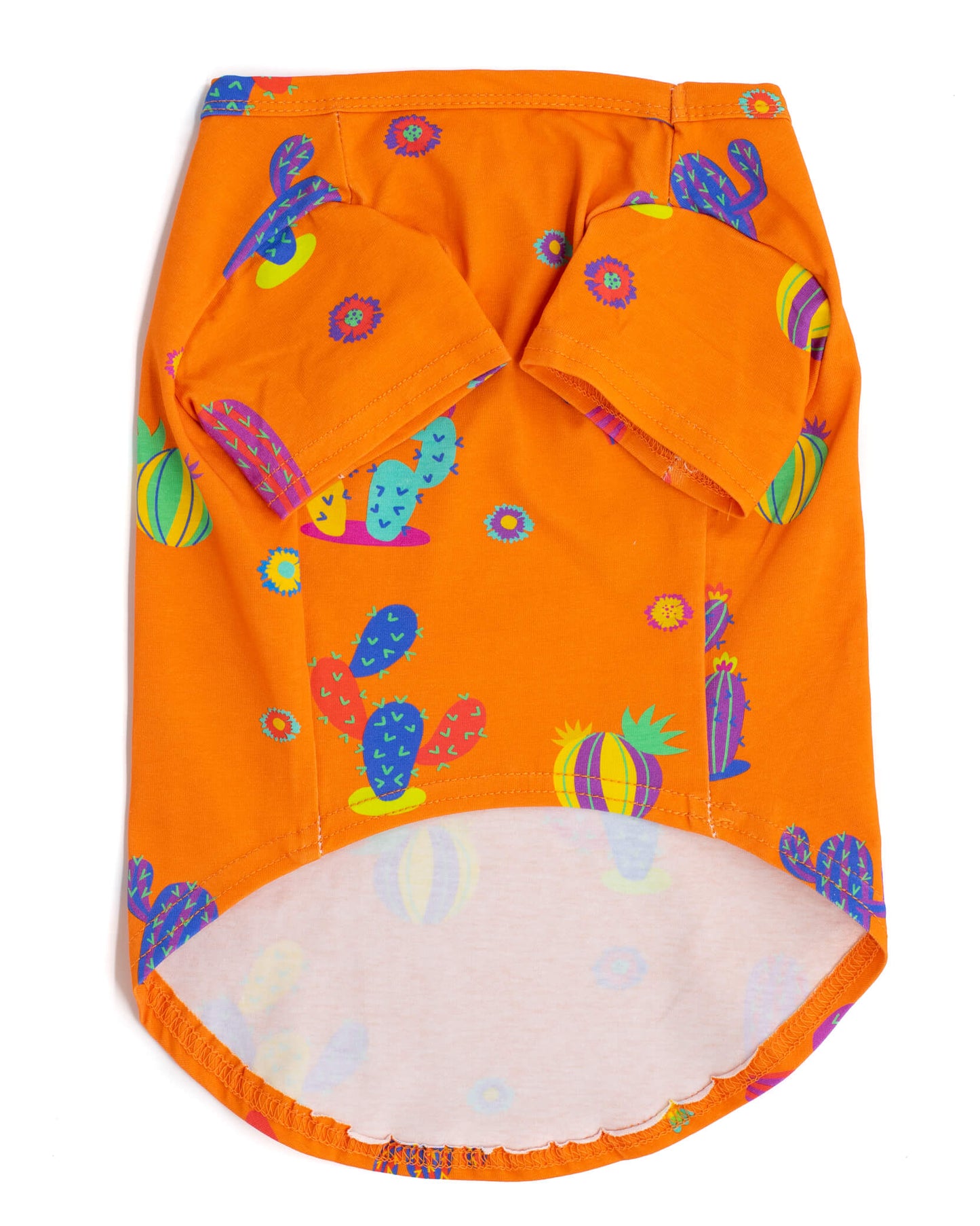 A flat lay of Vibrant hounds lil' Prick dog shirt. Covered in Bright coloured Cactus. Front of shirt shorter to allow for dogs to go toilet without removing the shirt.