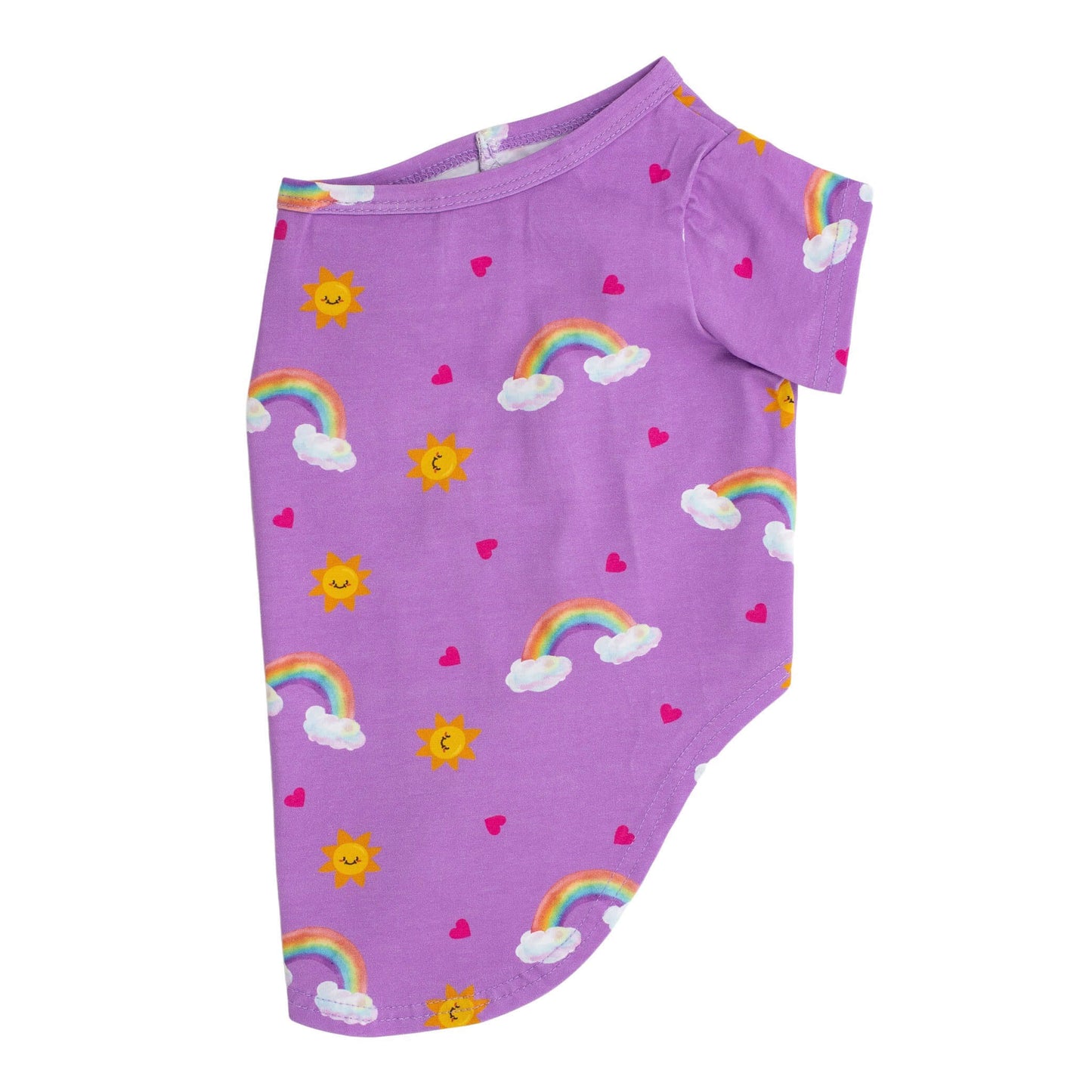 Side flat lay of Vibrant Hound's Chasing Rainbow dog pajamas. These pyjamas are purple with rainbows, bright suns, and love hearts printed on it.