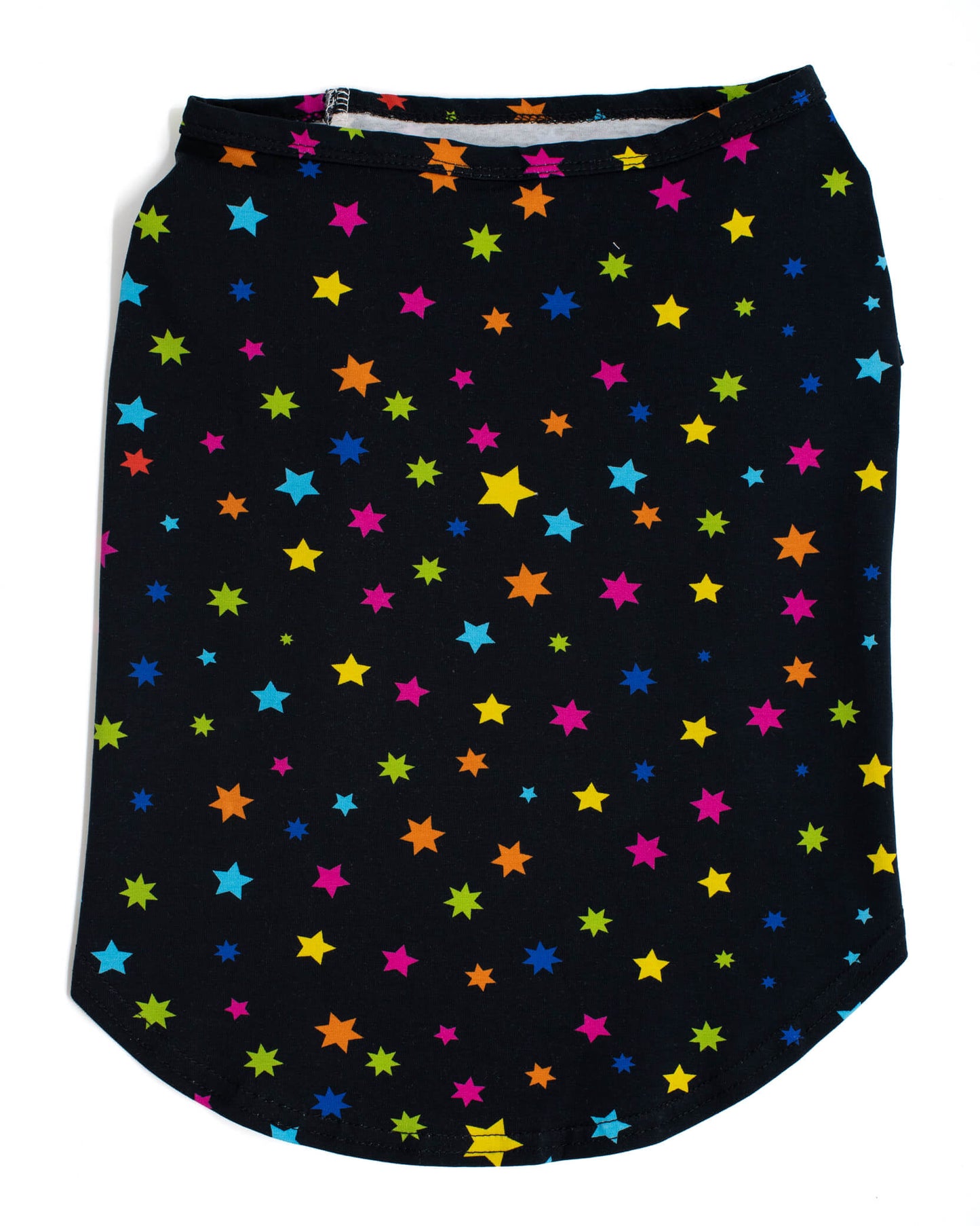 Back flat lay of star gazer dog shirt - black shirt with bright multi-colored stars - Get a view of the striking design on the back of the star gazer shirt for dogs - Check out our collection of fashionable dog shirts and clothing for four-legged style stars.