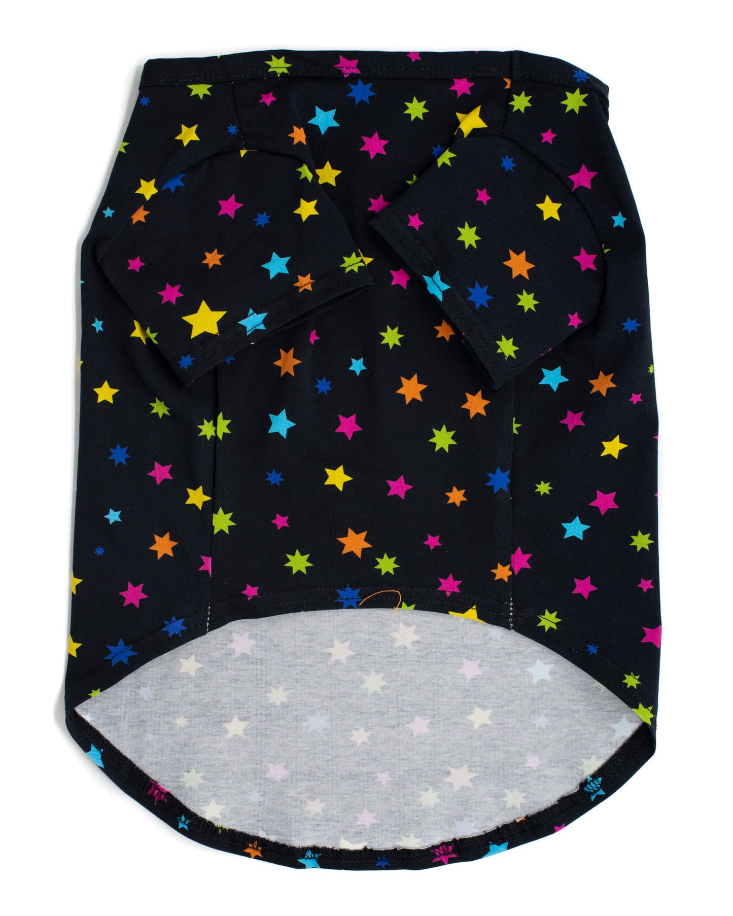  Front flat lay of star gazer dog shirt - black shirt with bright multi-colored stars - Discover the eye-catching design of the star gazer shirt for dogs - Browse our collection of trendy dog shirts and clothing for fashionable canine companions.