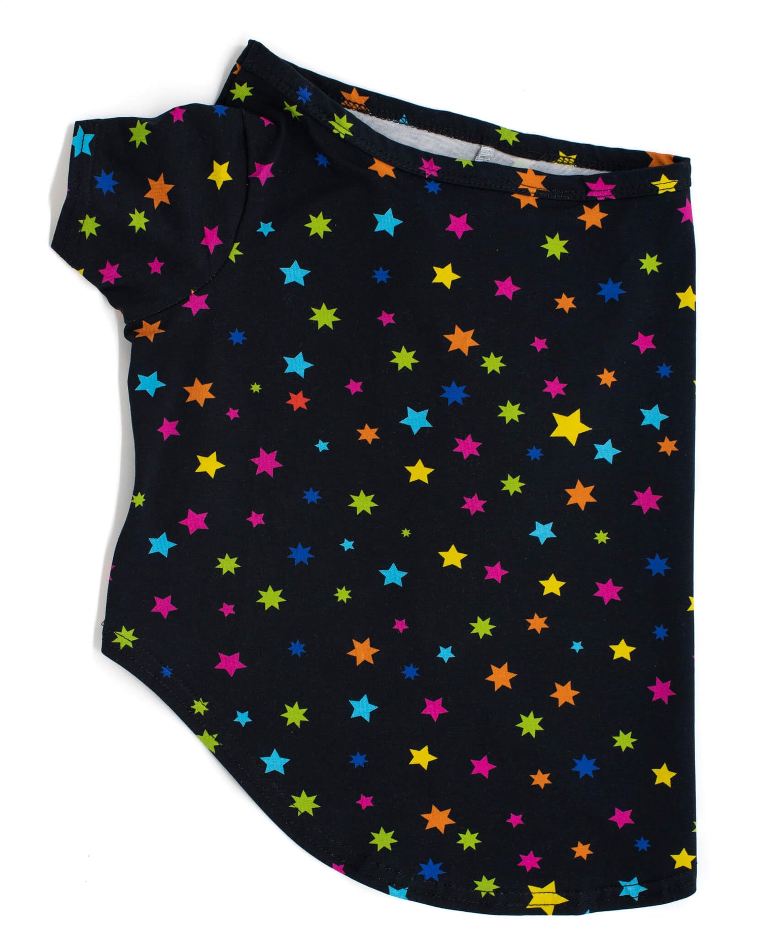 Side profile flat lay of star gazer dog shirt - black shirt with bright multi-colored stars - Discover the stylish star gazer shirt for dogs - Browse our collection of trendy dog shirts and clothing with captivating designs.