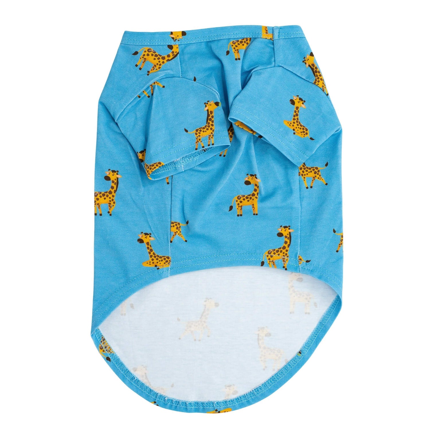 Front flat lay showing Gerald the Giraffe dog pyjammas made by Vibrant Hound. They are blue with 3cm girraffes printed on them.