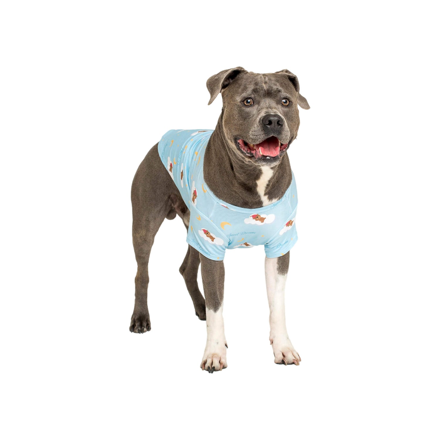 An American Staffy standing up wearing our Lil Dreamer dog sleepwear.