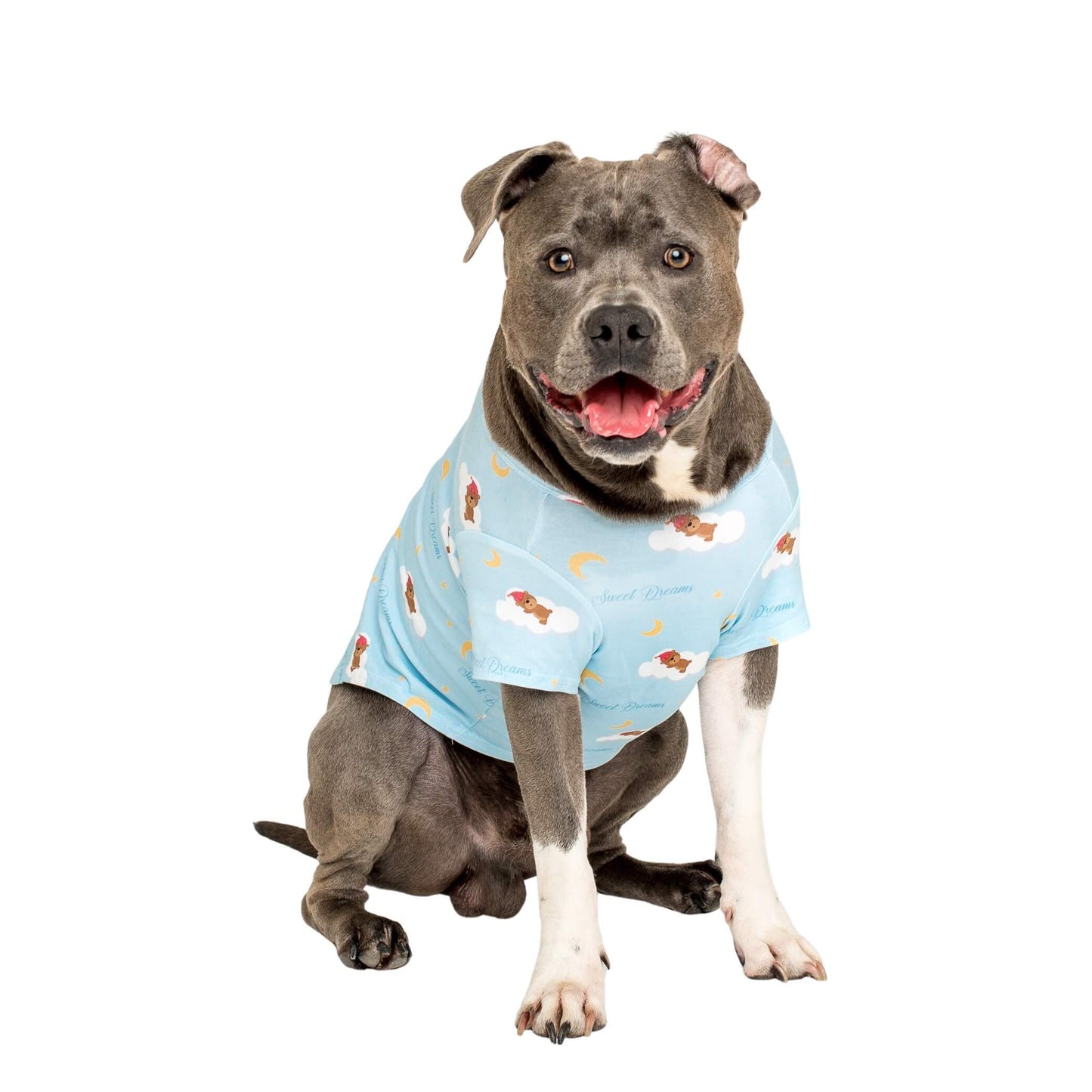 American Staffy wearing Vibrant Hound Lil Dreamer dog pyjamas.