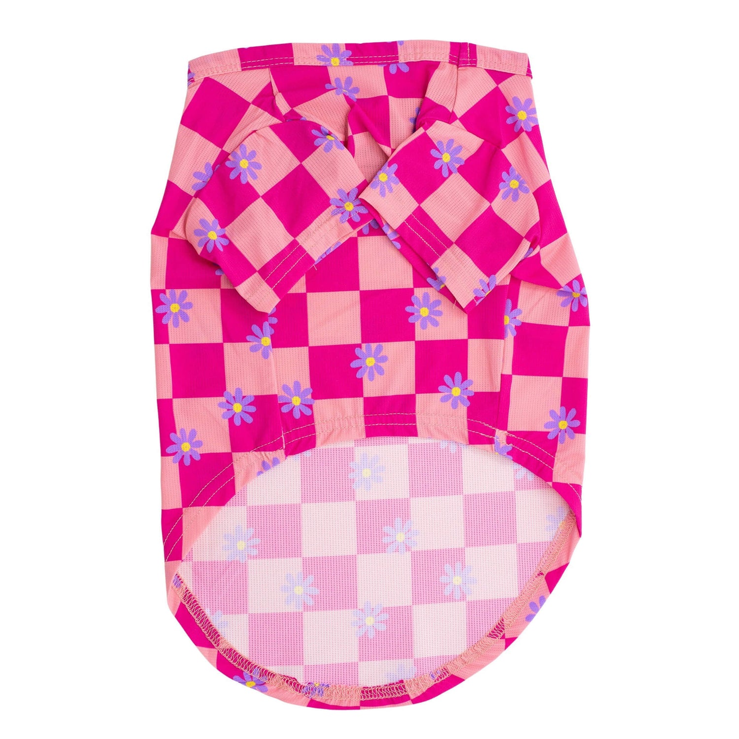 Front flat lay of Vibrant Hounds Crazy Daisy cooling shirt for dogs. It is pink chequered with daisys printed on it.