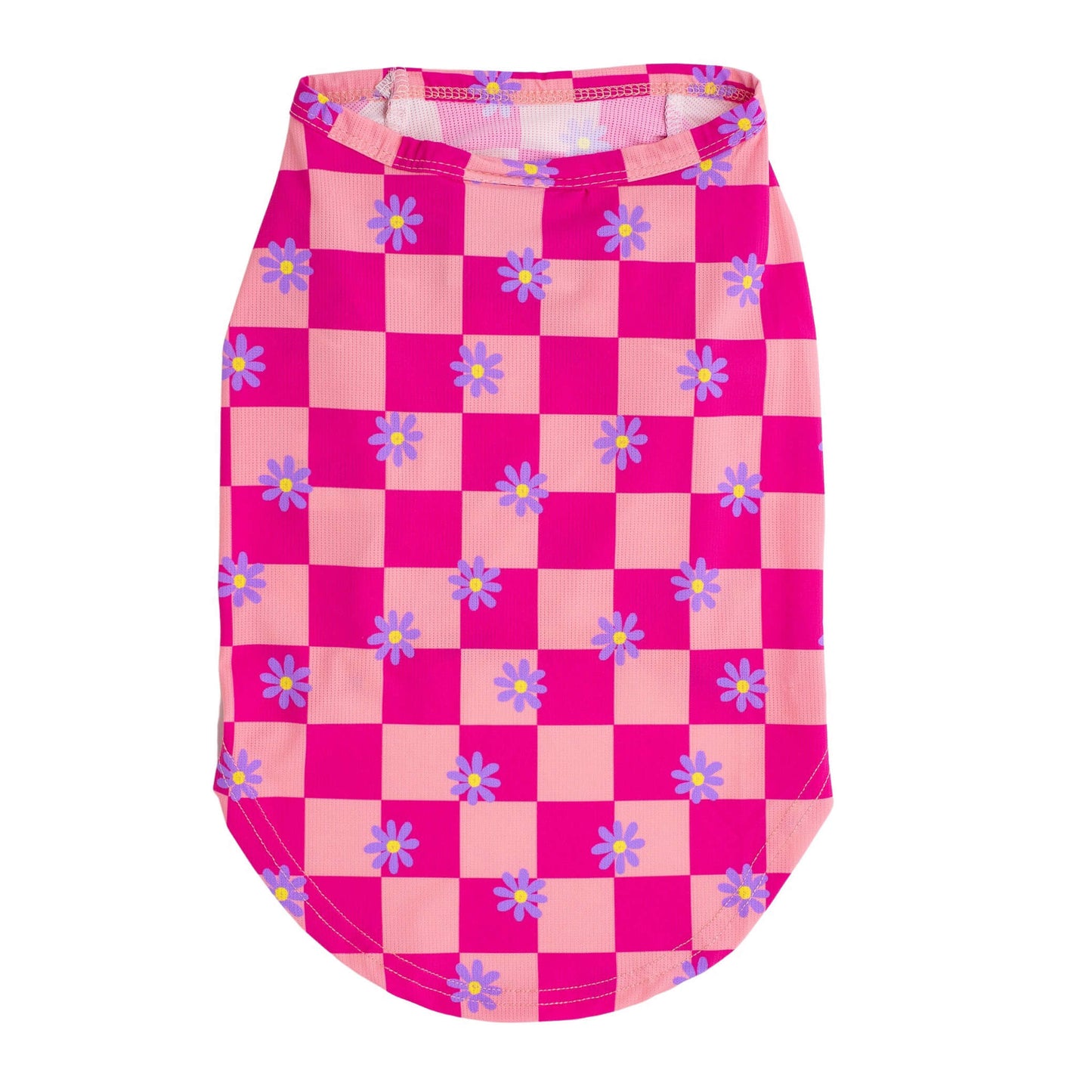 Back flat lay of Vibrant Hounds Crazy Daisy cooling shirt for dogs. It is pink chequered with daisys printed on it.