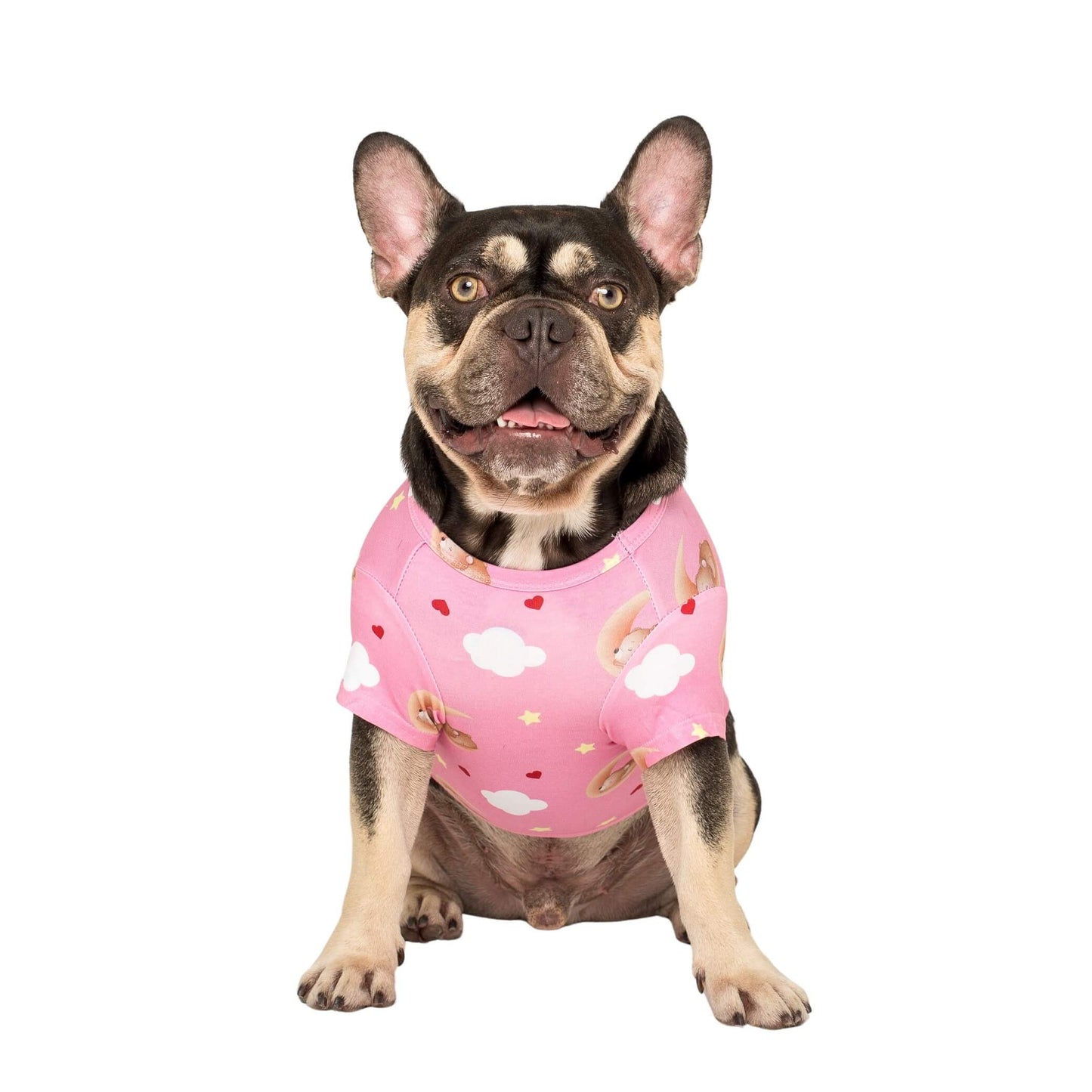 A close up of a chocolate and tan French Bulldog wearing Vibrant Hound's Lil dreamer pink pajama for dogs.