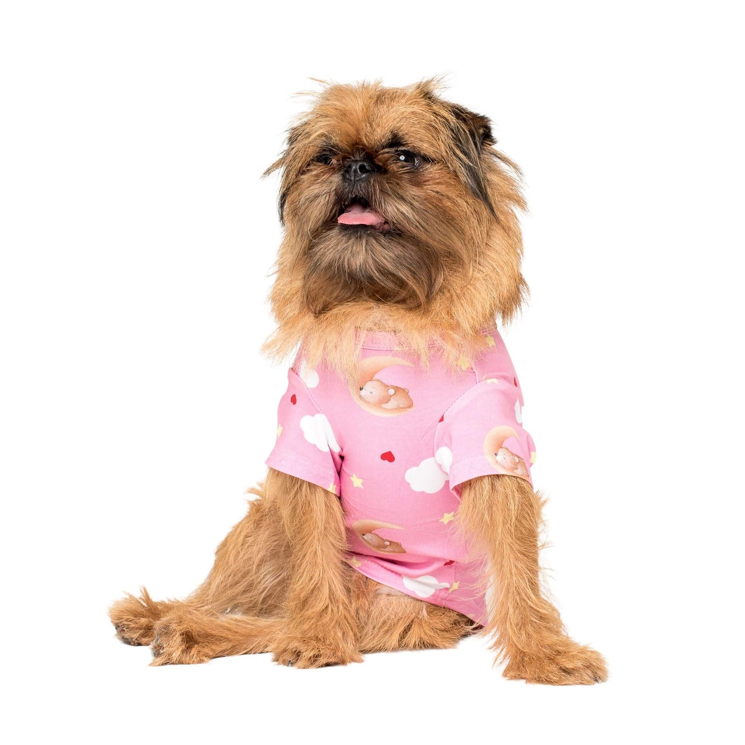 Gromit the Griffon sitting down wearing a pink Vibrant Hound Lil Dreamer dog pyjamas.